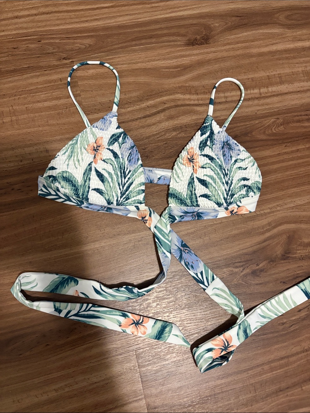 Hollister Tropical Floral Tie-Back Bikini Top in White, Green & Coral